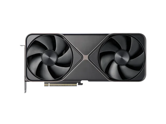 Vue de dessus d'une carte graphique NVIDIA GeForce RTX 50 Founders Edition avec un système de refroidissement à double ventilateur et un design noir et argenté