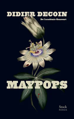 Couverture du roman 'Maypops' de Didier Decoin, illustrée d'une fleur de la passion sur fond bleu nuit
