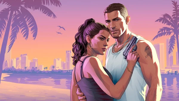 Artwork officiel de GTA 6 montrant les protagonistes Lucia et Jason enlacés sur une plage de Vice City au coucher du soleil, Lucia tenant un pistolet contre la poitrine de Jason, avec palmiers, oiseaux et horizon urbain aux teintes violettes et orange.