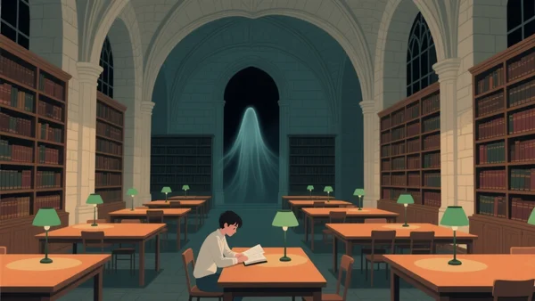 Un étudiant veille seul tard dans la nuit dans une bibliothèque universitaire à l'ancienne, tandis qu'une silhouette spectrale translucide s'estompe entre les rayonnages.