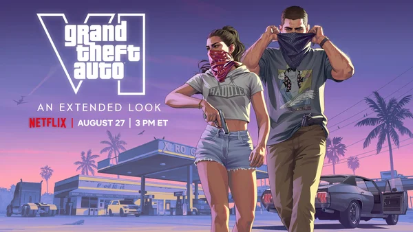 Illustration promotionnelle de GTA V montrant deux personnages s'éloignant d'une station-service en remontant leurs bandanas sur le visage, avec un texte superposé annonçant un 'Extended Look' sur Netflix.
