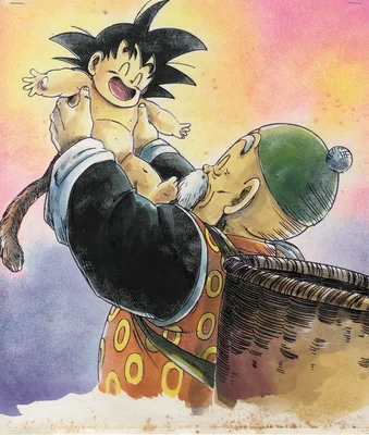 Illustration de Dragon Ball représentant un vieil homme barbu avec un bébé aux cheveux hérissés et une queue de singe, style aquarelle
