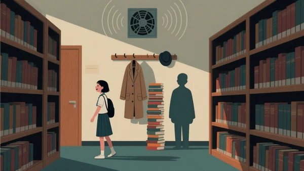 Dans une bibliothèque, une ombre qui semblait fantomatique se révèle être un porte-manteau et des piles de livres, tandis qu'un ventilateur mural évoque les infrasons qui troublent la perception.