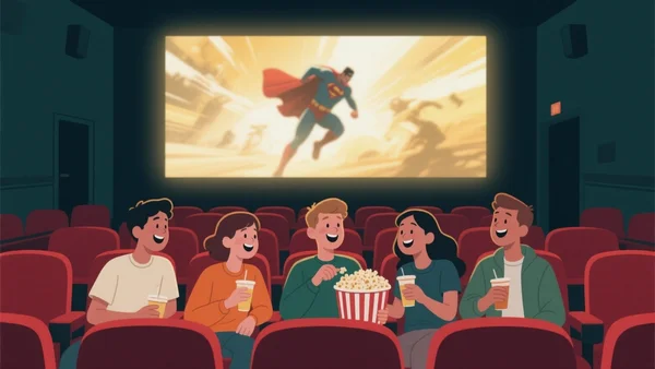 Un groupe de cinq amis installés dans une salle de cinéma, popcorn et boissons en main, profitant d'une séance de super-héros à prix réduit.