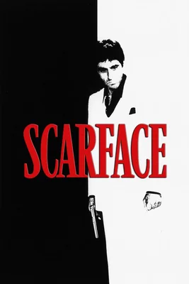 Affiche du film 'Scarface' montrant Al Pacino en costume sombre, tenant un pistolet, dans une image en noir et blanc à fort contraste, avec le titre du film en grandes lettres rouges.