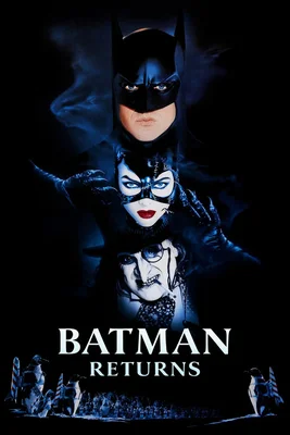 Affiche promotionnelle de Batman Returns montrant Batman en haut, Catwoman au centre et le Pingouin en bas, avec une colonie de pingouins à la base.