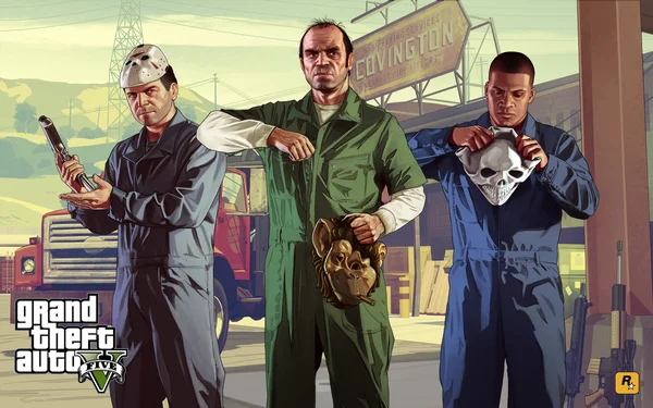 Illustration promotionnelle de Grand Theft Auto V montrant trois personnages masculins en combinaison de travail tenant des masques et des armes, avec le logo du jeu dans le coin inférieur gauche.