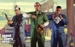 Illustration promotionnelle de Grand Theft Auto V montrant trois personnages masculins en combinaison de travail tenant des masques et des armes, avec le logo du jeu dans le coin inférieur gauche.