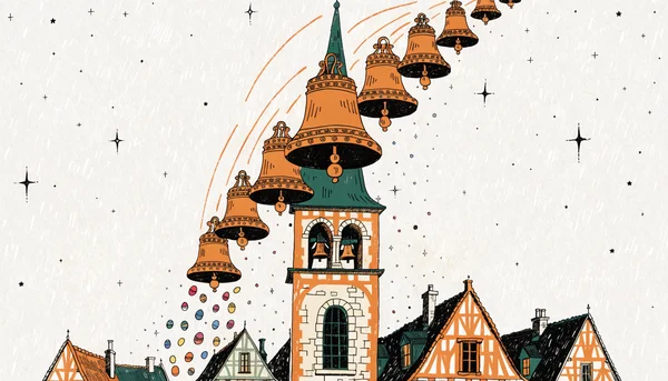 Clocher d'église de village sous un ciel étoilé, des cloches s'envolant au-dessus du beffroi et laissant retomber des œufs de Pâques colorés sur les toits, entre légende du voyage à Rome et mystère des sonneries sans sonneur.