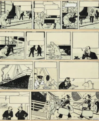 Planche de bande dessinée Tintin en noir et blanc, montrant des scènes de quai avec le navire 'SPEEDOL SPIRIT' et des personnages