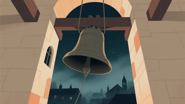 Cloche unique en train de sonner toute seule dans un clocher de village plongé dans la nuit et la brume, sans aucun sonneur visible, évoquant les sonneries fantômes et les légendes de cloches englouties.