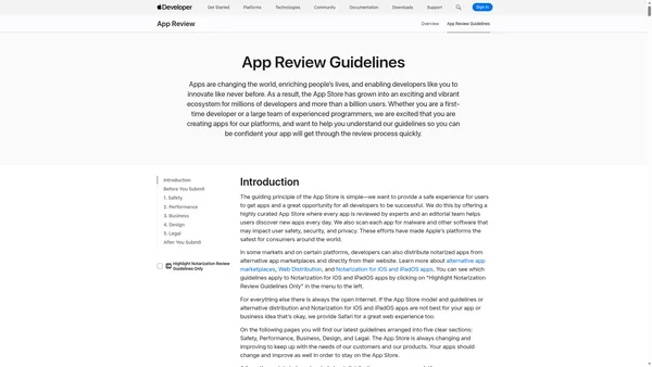 Capture d'écran de la page des règles de revue de l'App Store d'Apple, montrant la section 1.2 sur le contenu généré par les utilisateurs et l'interdiction des contenus d'abus sexuels sur mineurs, avec le texte d'introduction et la barre de navigation latérale.