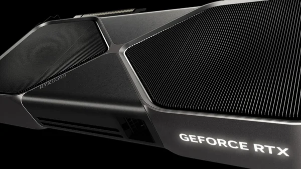 Vue en angle rapprochée de la carte graphique NVIDIA GeForce RTX 5090 noire, avec le logo GEFORCE RTX illuminé et la mention RTX 5090 visible