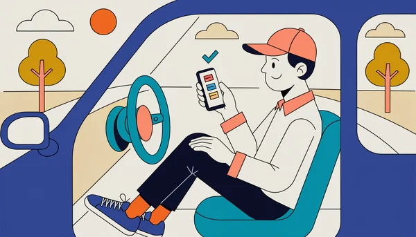 Illustration éditoriale : un jeune conducteur détendu au volant d'une petite citadine consulte une application de comparaison d'assurance sur son smartphone. L'image illustre l'idée d'économiser sur son assurance auto dans une ambiance moderne et sereine.