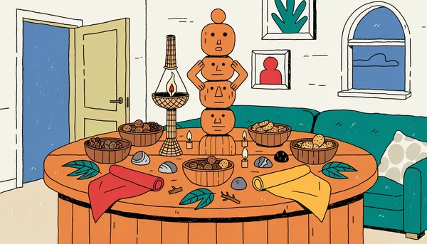 Illustration plate de la table de conseil installée pour une soirée Koh-Lanta à la maison : un totem en bois fait main trône au centre, entouré de bandanas rouge et jaune, de bols de snacks, de bougies et d’éléments naturels évoquant une île déserte.