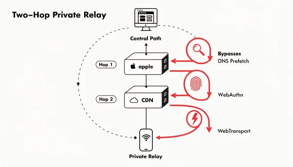 Schéma des trois fonctions WebKit (préchargement DNS, WebAuthn, WebTransport) qui contournent le double relais d'Apple et exposent l'adresse IP.