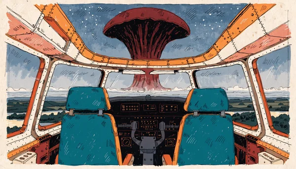 Vue depuis un cockpit d'avion de ligne désert : un objet sombre en forme de cloche flotte dans le ciel au-dessus de la campagne française, évoquant l'observation restée sans rapport du commandant Duboc en 1994.
