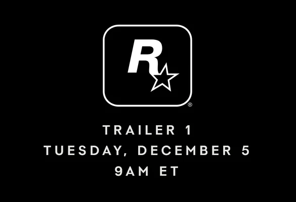Graphique officiel de Rockstar Games sur fond noir annonçant la date de la première bande-annonce de Grand Theft Auto VI, le mardi 5 décembre à 9h HE.