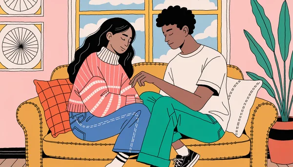 Illustration d'un couple détendu sur un canapé : l'un des partenaires suit lentement du bout du doigt l'avant-bras de l'autre, qui ferme les yeux pour se concentrer sur la sensation. Une représentation du sensate focus, l'exercice de toucher sans objectif ni pression, pour renouer avec l'intimité.