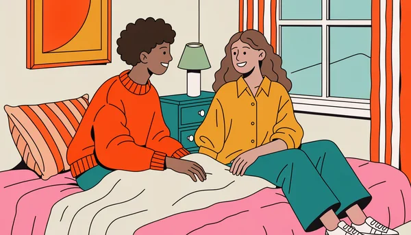 Un jeune couple assis côte à côte sur un lit, discutant sereinement et souriant, une couverture sur les genoux. Illustration aux couleurs chaudes représentant la confiance et la communication avant une première fois.