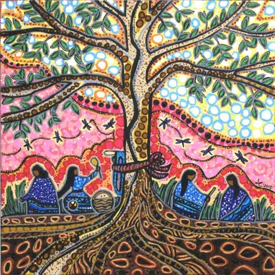 Illustration de Leah Marie Dorion dans un style de peinture à points autochtone, montrant un grand arbre avec des figures assises sous ses branches et des racines s'étendant dans la terre, avec des motifs vibrants et des formes humaines stylisées.
