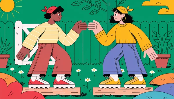 Illustration d’une épreuve des poteaux version maison dans un jardin : deux amis en équilibre face à face sur des planches basses, l’un avec un bandana rouge, l’autre avec un bandana jaune, avec des matelas et coussins posés sur l’herbe pour amortir les chutes.