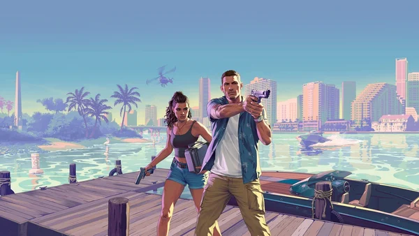 Illustration promotionnelle de Grand Theft Auto VI montrant les personnages Jason et Lucia sur un quai en bois, armes au poing, avec Vice City en arrière-plan