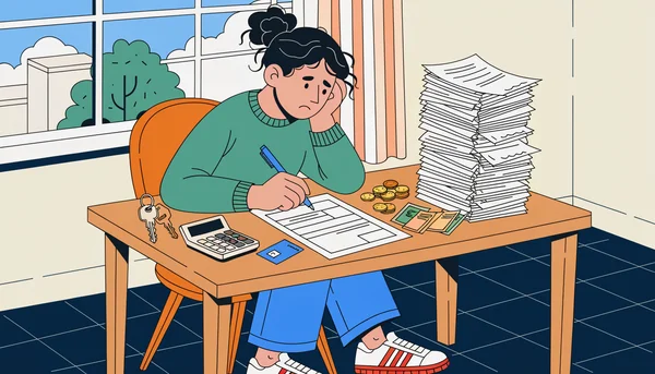 Illustration d'un jeune adulte à une table de signature de bail, entouré de documents, d'une calculatrice, d'une carte bancaire, d'un trousseau de clés et d'une pile croissante de factures et de reçus, symbolisant les nombreux frais à prévoir le jour de la signature.