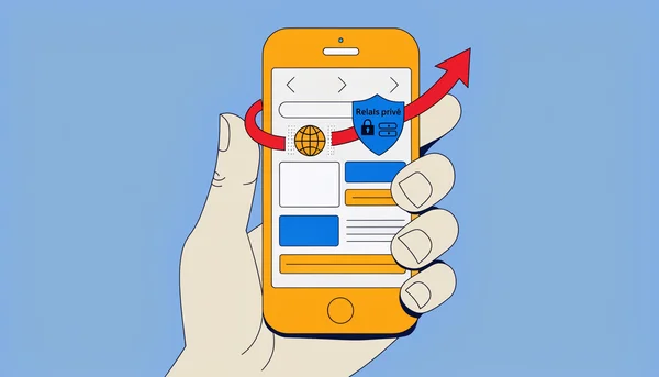 iPhone affichant Safari avec le relais privé activé, tandis que l'adresse IP réelle s'échappe du proxy – illustration du contournement.