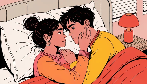 Illustration d'un jeune couple allongé dans un lit, se faisant face et se regardant avec douceur : un geste tendre de la main sur la joue, des visages aimants mais songeurs, sans tension sexuelle. Une image qui illustre le fait d'aimer toujours son partenaire tout en traversant une période sans désir.