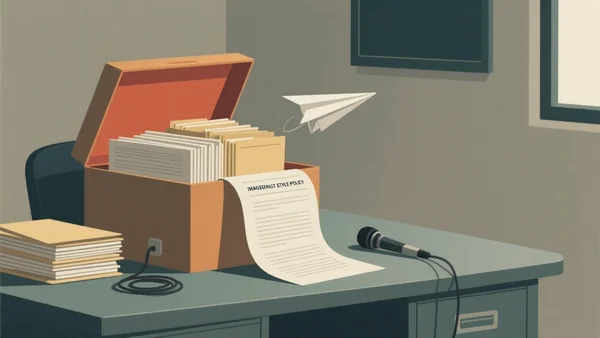 Une boîte d'archives remplie de rapports d'observations, dont une feuille se transforme en avion de papier devant un micro silencieux : une allégorie du témoignage des pilotes qui ne prend jamais la parole.