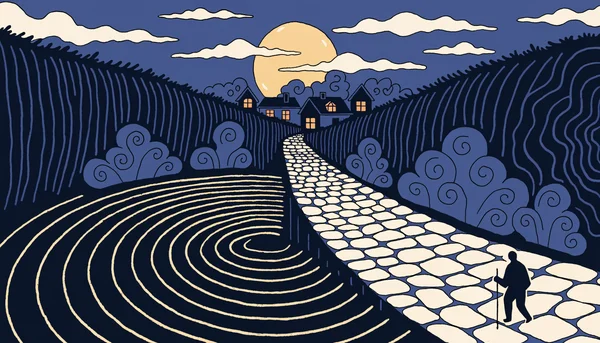 Chemin creux breton sous la lune : des ondes sonores pâles s'échappent d'une haie sombre tandis qu'un promeneur s'éloigne, illustrant le mystère du siffleur de nuit dans les campagnes françaises.