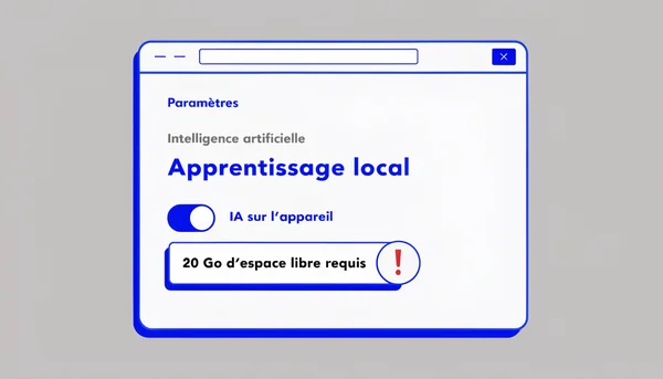 Illustration plate d'un panneau de paramètres Chrome montrant l'interrupteur « IA sur l'appareil » activé et un avertissement exigeant 20 Go d'espace libre.