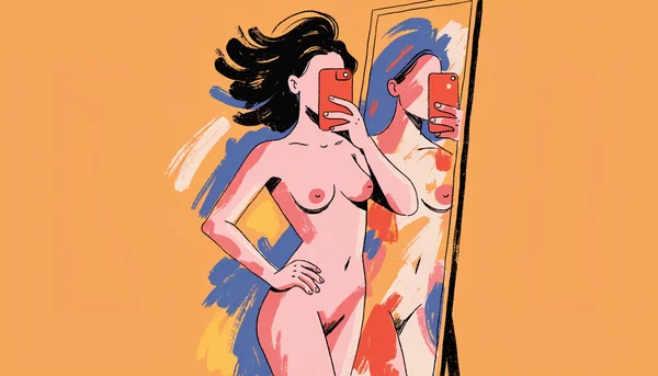 Illustration d'une jeune adulte nue qui se photographie dans un miroir pour envoyer une photo intime en toute sécurité : le smartphone tenu devant son visage le masque entièrement, et le cadre du miroir coupe la réflexion au niveau des hanches. Le cadrage serré sur la femme, le téléphone et le miroir, sur un mur vide et neutre, ne laisse apparaître aucun détail identifiable de la pièce, ni tatouage, ni bijou.