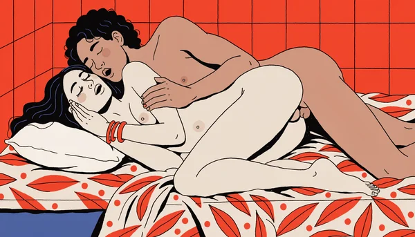 Illustration d'un couple nu pratiquant la pénétration anale en position de la cuillère, une posture recommandée pour une première fois pour son confort et sa douceur.