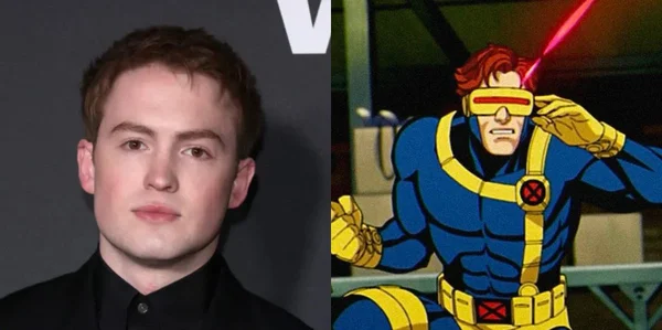 Photographie de l'acteur Kit Connor à gauche, et illustration du personnage Cyclope des X-Men à droite, montage composite évoquant le casting de l'acteur dans le rôle du mutant Marvel.