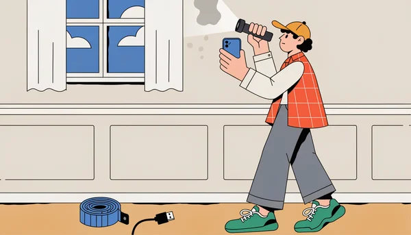 Un jeune locataire inspecte un mur suspect avec une lampe torche et son smartphone lors de la visite d'un appartement. Un mètre et un chargeur sont posés au sol, prêts à tester les prises et l'isolation.