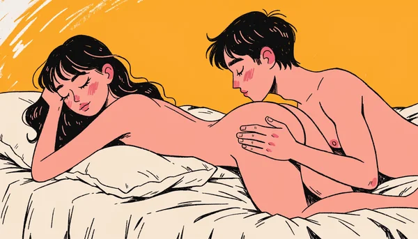 Illustration de préliminaires anaux avec un partenaire caressant tendrement les fesses d'une femme nue pour favoriser la détente avant la pénétration.