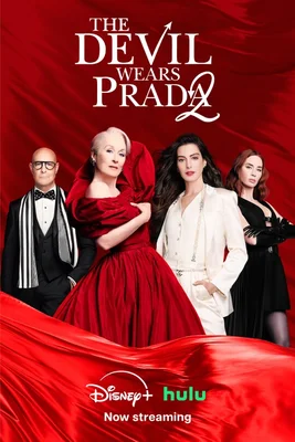 Affiche promotionnelle du film Le Diable s'habille en Prada 2 montrant quatre acteurs en tenues élégantes devant un fond rouge, avec le titre du film et les logos des plateformes de streaming.