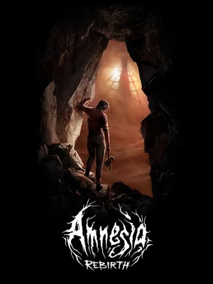 Affiche promotionnelle du jeu vidéo Amnesia: Rebirth montrant un personnage debout dans une grotte sombre, regardant vers une source de lumière, avec le logo du jeu en bas.