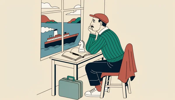Stefan Zweig, écrivain exilé, travaille dans une chambre modeste avec un cavalier d'échecs posé sur son bureau, tandis qu'un paquebot au loin évoque la traversée de l'exil et la nouvelle Le Joueur d'échecs, achevée en 1941.