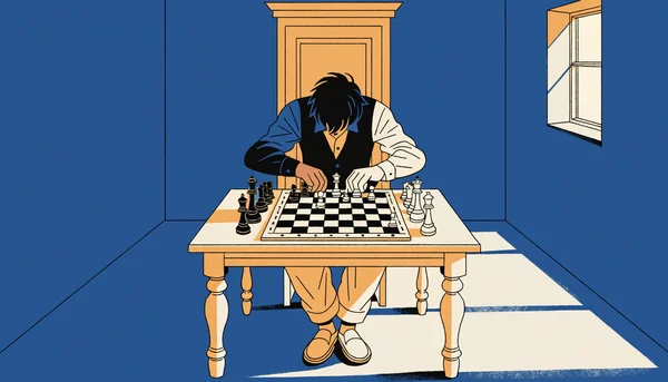 Dans la chambre vide de son emprisonnement, le docteur B., héros du Joueur d'échecs, joue contre lui-même : une main noire et une main blanche se font face sur l'échiquier, image de l'esprit qui se scinde pour résister à l'isolement total.