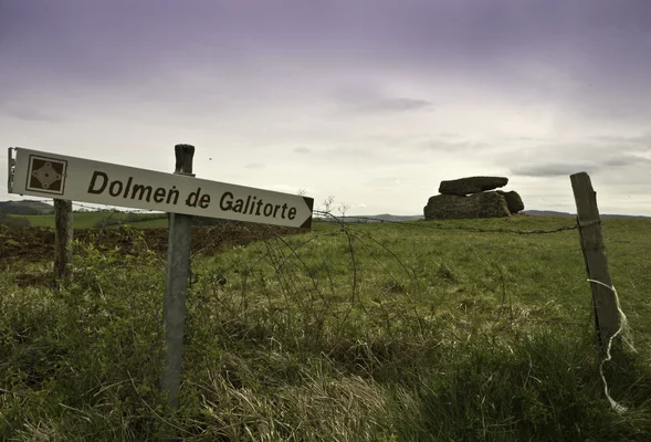 Panneau indicateur en bois pointant vers le dolmen de Galitorte, situé dans un champ herbeux sous un ciel couvert, à Buzeins, Aveyron, France.
