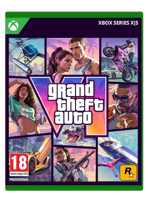 Couverture promotionnelle de Grand Theft Auto VI montrant une composition de personnages et de scènes du jeu, avec des illustrations de personnes, véhicules et animaux sur un fond stylisé.