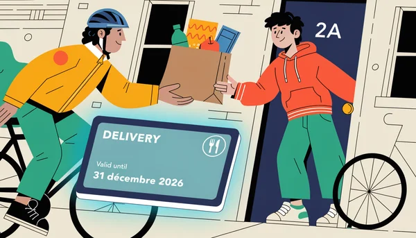 Illustration en 2D plate d'un livreur à vélo tendant un sac de courses (bouteille, pâtes, fruits, surgelés) à un jeune client sur le pas de sa porte d'appartement. Au premier plan, une carte de tickets-restaurant numérique symbolise le paiement des courses alimentaires livrées, possible jusqu'au 31 décembre 2026.