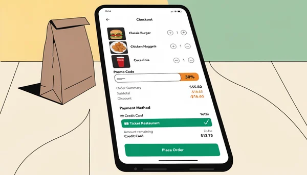 Illustration en 2D plate d'un smartphone posé sur une table, affichant l'écran de paiement d'une application de livraison avec un champ code promo rempli et un badge -30 %, le mode de paiement Ticket Restaurant coché et le solde restant à régler par carte bancaire. Un sac de livraison en papier est posé à côté.