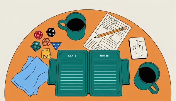 Vue plongeante sur le poste de maître du jeu : écran, dés, fiche de personnage et une fiche PNJ avec un tic dessiné. Illustration représentant les outils concrets pour incarner des PNJ mémorables.