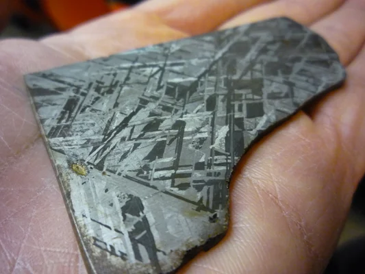 Main tenant une tranche polie de météorite de fer, révélant le motif de Widmanstätten, caractéristique des cristaux métalliques entrelacés.
