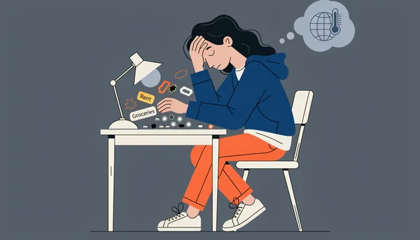 Un jeune comptant ses pièces et ses factures, tandis qu'une pensée lointaine sur le climat s'estompe en arrière-plan – illustration de la fracture économique derrière l'éco-anxiété.