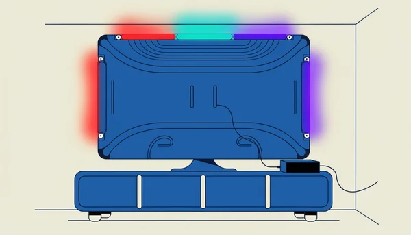 Illustration plate de la face arrière d’un téléviseur : un bandeau LED dégradé est fixé sur les bords arrière de l’écran, avec trois zones de couleur — rouge, sarcelle et violet — qui projettent une lueur colorée sur le mur. Vue légèrement de dessous et de derrière l’écran, un petit boîtier rectangulaire de synchronisation est posé sur un meuble TV et relié au téléviseur par un câble.